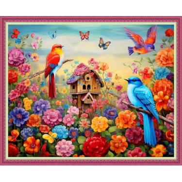 Imagem de Disnesart Kits de bordado completo estampado ponto cruz DIY 11CT fio de algodão impresso kits de bordado artesanato conjunto de bordado ponto cruz conjuntos estampados - flor pássaro casa 40,6 x 50,8