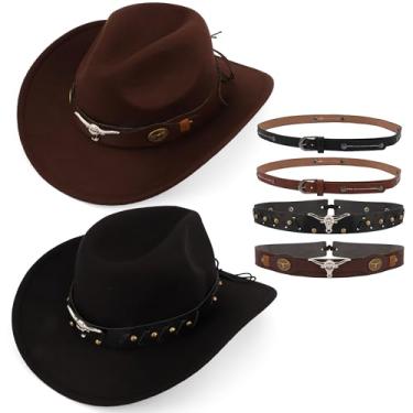 Imagem de Pacote com 2 chapéus de cowboy para mulheres e homens, cowgirl ocidental, clássico, feltro, aba larga, chapéus respiráveis, preto e marrom