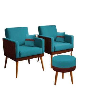 Imagem de Kit 02 Poltronas para Sala Decorativa Lis com Almofada e Puff Redondo Corino Peroba e Suede Aninha Decor (Azul Turquesa)