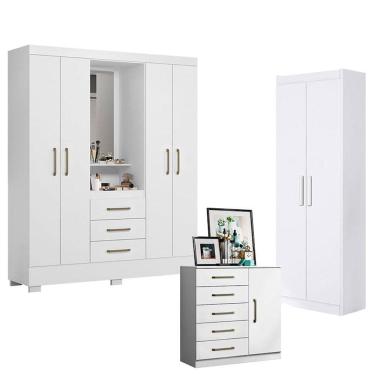 Imagem de Guarda Roupa Solteiro Paris 2045150 com Armário Multiuso 2 Portas 2000191 e Cômoda Sapateira Milão 2014145 Branco - Aramóveis