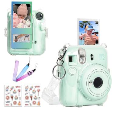 Imagem de CAIYOULE Capa transparente Mini 12 – Capa protetora para câmera compatível com Fujifilm Instax Mini 12, capa rígida para câmera de PC com armazenamento de fotos, com 2 tiras e adesivos (sem câmera)