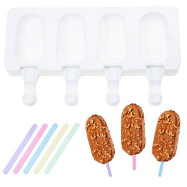 Imagem de Mini Skater Molde de silicone para picolés pequenos de 4 cavidades com palitos de acrílico reutilizáveis, molde de picolé para bolos caseiros, salgadinhos congelados, moldes de sorvete (branco e