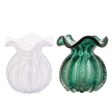 Imagem de Kit 2 Vaso Vidro Murano Trouxinha Flor Plantas Arranjos Branco Leitoso