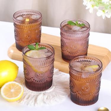 Imagem de Conjunto de copos de vidro vintage com copos roxos de 113 a 300 ml, copos de vidro em relevo para suco, cerveja, coquetel, uísque, várias bebidas mistas