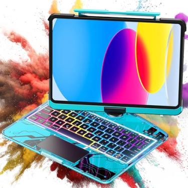 Imagem de Capa transparente com teclado sem fio para iPad (A16) 11ª geração 11 polegadas 2025/iPad 10ª geração 10 polegadas 2022 com suporte para lápis e trackpad multitoque, retroiluminação em 7 cores, rotação