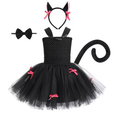 Imagem de Fantasia infantil de gato preto para meninas - Vestido com orelhas de gato, faixa de cabeça, cauda, gravata borboleta - Kit de acessórios para cosplay de roupas - 2 anos, Gato preto, 2 Anos