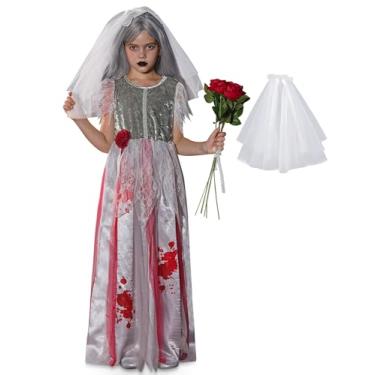 Imagem de IIMMER Vestido maxi para meninas Emilly com bainha de renda zumbi bandagem zumbi prata maxi vestido com véu faixa de cabeça 4 anos