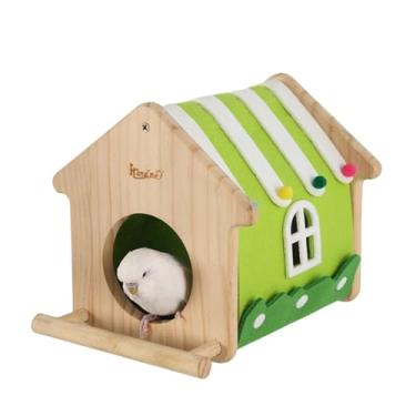 Imagem de Casa de ninho de pássaros de madeira com capa de feltro, cama de dormir para gaiola, cama de periquito, galpão, cabana, gaiola para papagaios, calopsitas, periquitos, Lovebird, conure, acessórios de