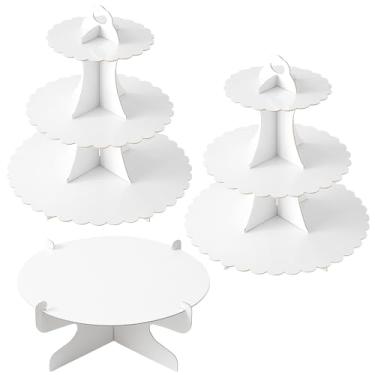 Imagem de Soleebee Conjunto de 3 peças de suporte de bolo, suporte de cupcake de 3 camadas, exibição de bolo redondo de 1 camada, torre de cupcake de sobremesa de papelão para decoração de festa de casamento de