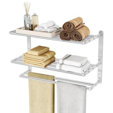 Imagem de JIAPAIDUO Toalheiro de 3 camadas para banheiro montado na parede, prateleira de banheiro de 61 cm com barra de toalha, prateleiras de níquel escovado para toalhas, suporte múltiplo prata moderno de