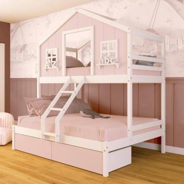 Imagem de Beliche Casal/ Solteiro Casinha Sonhos com 02 Gavetas Rosa Madeira Maciça Rosa/ Branco Megamobilia