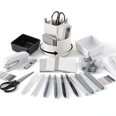 Imagem de Kosiz Acessórios de mesa preto e branco, organizador de mesa, material de escritório, neutro, suporte de caneta, grampeador, notas adesivas, clipes de papel, grampos de tesoura, acessórios estéticos