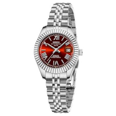 Imagem de NIBOSI Relógios femininos analógicos de quartzo à prova d'água com data, relógio de pulso delicado, moderno, de aço inoxidável, para pulsos pequenos, vestido feminino elegante, Prateado, vermelho
