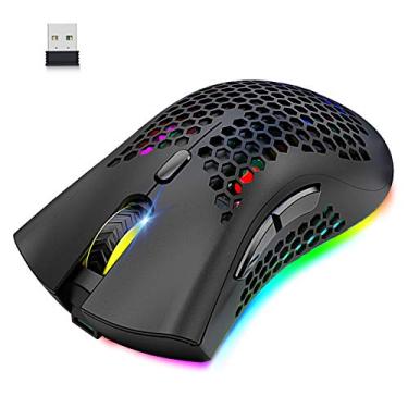 Imagem de Mouse para jogos leve, sem fio, favo de mel com 7 botões, multi-RGB retroiluminado, sensor óptico ergonômico ajustável, DPI recarregável, bateria de 800 mAh, receptor USB para PC, Mac Gamer, (preto)