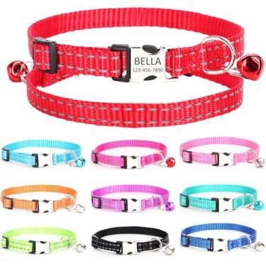 Imagem de Coleiras refletivas de gato gravadas personalizadas com nome e número de telefone, fivela ajustável personalizada e coleira de identificação de sino para gatinhos e gatos