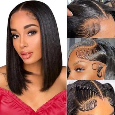 Imagem de Peruca Bob de cabelo humano liso 25 cm 33 x 10 cm peruca frontal de cabelo humano 150% densidade peruca frontal reta curta 13 x 4 HD peruca frontal de renda transparente pré-arrancada com cabelo de