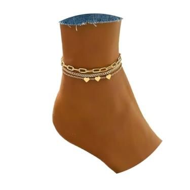 Imagem de URPANDA Tornozeleira feminina banhada a ouro 14 K, conjunto de tornozeleiras boêmias delicadas em camadas, strass, coração, cruz, olhos turcos, tornozeleira, impermeável, para férias, praia, presente