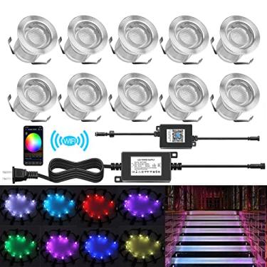 Imagem de QACA Luzes LED para deck controladas por WiFi, multicoloridas, IP67, à prova d'água, Φ1.18, luzes embutidas de baixa tensão, controle de aplicativo para smartphone, compatível com Alexa Echo e Google