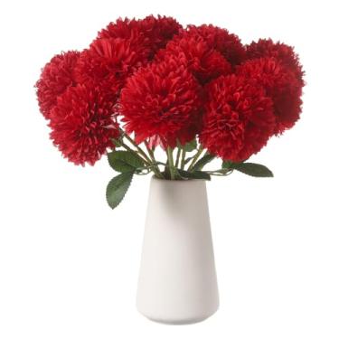 Imagem de HARFINGTON 12 peças de flores artificiais de crisântemo, flores artificiais de crisântemo, buquê de flores falsas de seda para decoração de festa de casamento, jardim e casa, vermelho