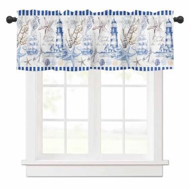 Imagem de Cortina de sanefa de farol azul para janelas de cozinha, cortina retrô náutica com camada de oceano estrela-do-mar, coral, tratamento de janela, sanefas para quarto/sala de estar/banheiro, 106 x 45 cm