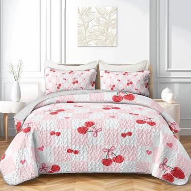 Imagem de QOOMO Conjunto de colcha com laço rosa, tamanho casal/Queen, conjunto de 3 colchas com estampa de cerejeira, microfibra macia, leve, laço, xadrez, 2 fronhas para todas as estações