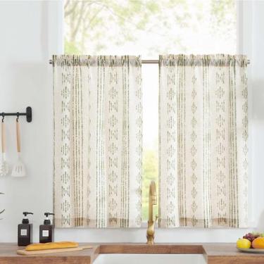 Imagem de Cortinas jinchan Boho Kitchen Linen Tier 36 cm, verde, bege