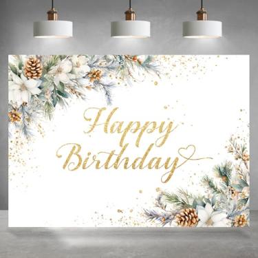 Imagem de Rsuuinu Pano de fundo de feliz aniversário, folhas florais brancas, pinheiro, inverno, Natal, fotografia, fundo, artigos para decoração de festa de feliz aniversário, banner, mesa de bolo, suporte de