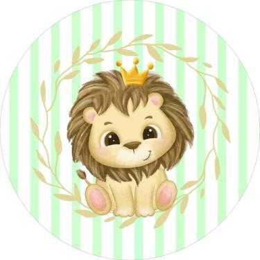 Imagem de Painel de Lona Redondo Leãozinho Cute Fundo Listras Verde - Fabrika de