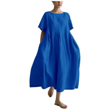 Imagem de Vestido MARSVOVO azul de linho para mulheres de verão plus size 2024