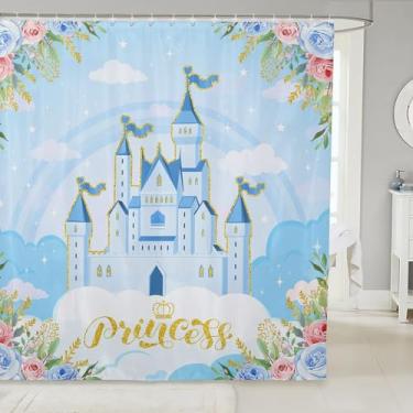 Imagem de Cortina de chuveiro com tema princesa com ganchos, cortina de banho para decoração de quarto de sonho de castelo azul, flores jardim, conto de fadas, acessórios de banheiro, painel impermeável, 182 x