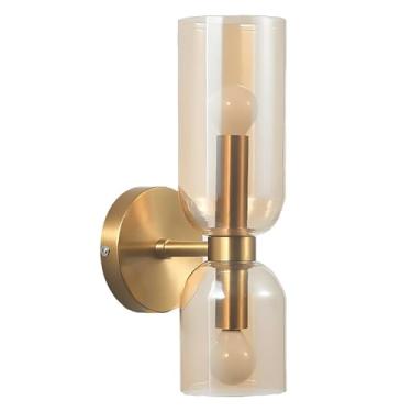 Imagem de XIRYTU-H Iluminação de arandela de parede moderna com 2 lâmpadas com persianas de vidro, lâmpada de parede E14 para quarto, penteadeira de banheiro, sala de estar, corredor (âmbar)