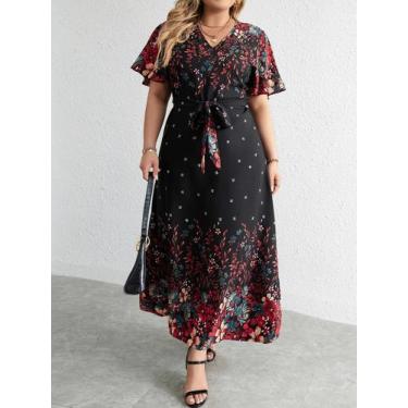 Imagem de Vestido Longo Floral De Verão plus Size Com Decote Em V E Manga Curta 