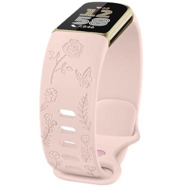 Imagem de Pulseira com gravação floral compatível com Fitbit Charge 6/5, mulheres e homens, pulseiras de substituição macias para Fitbit Charge 6/5 Advanced Fitness & Health Tracker (rosa claro)