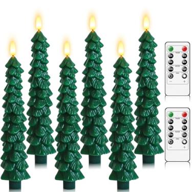 Imagem de Lezonic 6 velas de árvore de Natal com temporizador remoto, velas afuniladas sem chama, chama cintilante de LED, castiçais de janela de cera verde de 25 cm para decorações de Natal de ano novo