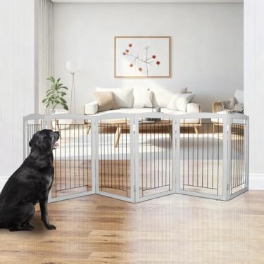 Imagem de ZJSF Portão dobrável independente de madeira extra largo cinza para filhotes, 6 painéis, portões altos para animais de estimação para cerca de cachorro