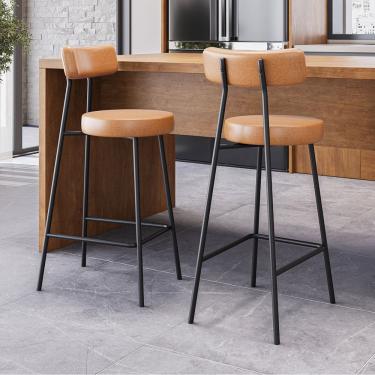 Imagem de Kit 02 Banquetas Alta Cozinha Kobe Estofada com Encosto Couríssimo Whisky - Desk Design