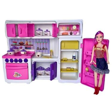 Imagem de Cozinha Infantil Brinquedo Completa Grande Rosa com Boneca - Lua de Cr