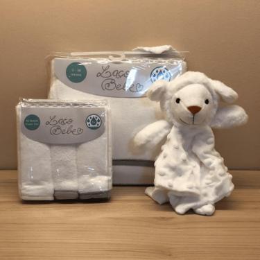Imagem de Kit com Naninha Ovelha + Toalha com Capuz + 3 Babitas Cinza - Laço Bebê
