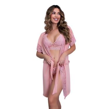 Imagem de Robe de Luxo Microfibra Renda Hobby Roupão Dormir com Cinto Lingerie S