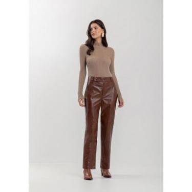 Imagem de Calça Reta De Couro Com Cintura Média E Botões Forrados-Feminino