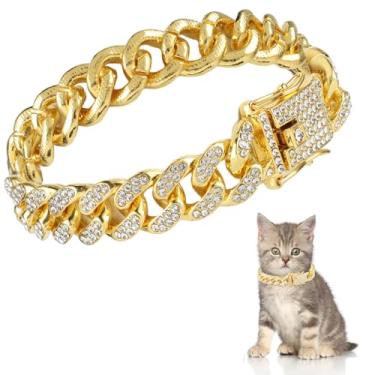 Imagem de XLIUAX Coleira de corrente de diamante de gato, coleira cubana com glitter com fivela segura 12 mm de largura, colar de metal para cães, acessórios para gatos, gatinhos, cães, filhotes, 20 cm (ouro)