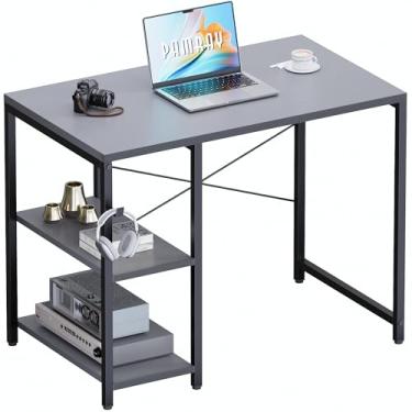 Imagem de Pamray Mesa de computador pequena de 81 cm com prateleiras, mesa de escritório em casa com gancho de fone de ouvido para quarto, mesa de computador de escrita de estudo para espaços pequenos, cinza