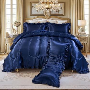 Imagem de Jogo de cama queen de cetim tipo seda 4 peças, conjunto de cama de poliéster macio azul marinho, luxuoso, capa de travesseiro com babados, decoração de casa