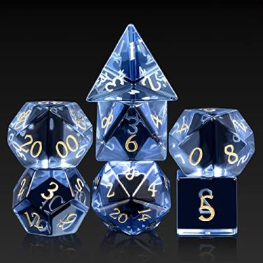 Imagem de Glass DND Dice Set DNDND 7 Piece Zircon Dice with Great Gift Box for D&D Dungeons and Dragon Tabletop Game (Blue Glass with Gold Num)
