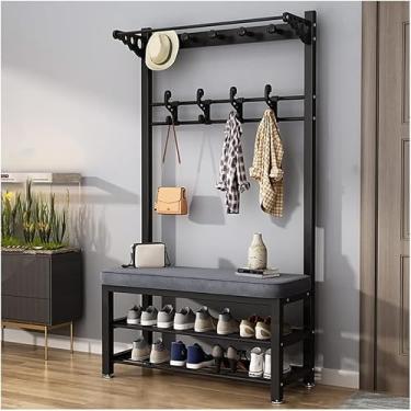 Imagem de Cabideiro Banco de sapato, árvore de salão industrial, prateleira de armazenamento de entrada, móveis de metal com moldura de metal e ganchos para pendurar (cor: preto + cinza, tamanho: 80 * 33 * 172