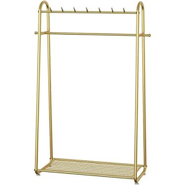Imagem de Cabide para roupa cabide com prateleiras, calha de roupa removível resistente com sapatos para armazenamento, suporta até 60 kg suporte para barra de roupa para decoração de quarto, dourado A