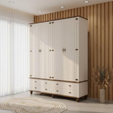 Imagem de Guarda-roupa 4 Portas 4 Gavetas com Tampo Bases e Pés de Madeira Maciça Joy Off White