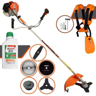 Imagem de Roçadeira Robusta Vulcan VR620H À Gasolina 3HP 62cc Com Carretel, Faca 2 Pontas, Faca 3 Pontas, Faca 40 Dentes Vídea, Faca 80 Dentes + ÓLEO STIHL 2T