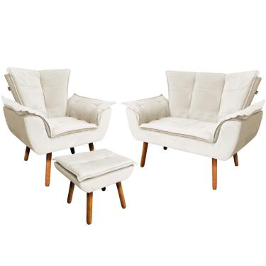 Imagem de Conjunto Poltrona Puff e Namoradeira Pés Palito Charger Veludo Bege - Gran Belo