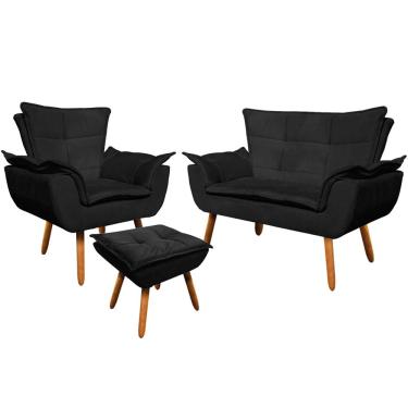 Imagem de Conjunto Poltrona Puff e Namoradeira Pés Palito Charger Suede Preto - Gran Belo